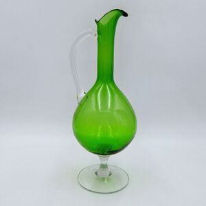 Hand Blown Green Glass Pedestal Ewer Pitcher Clear Handle Footed Decanter 12 In